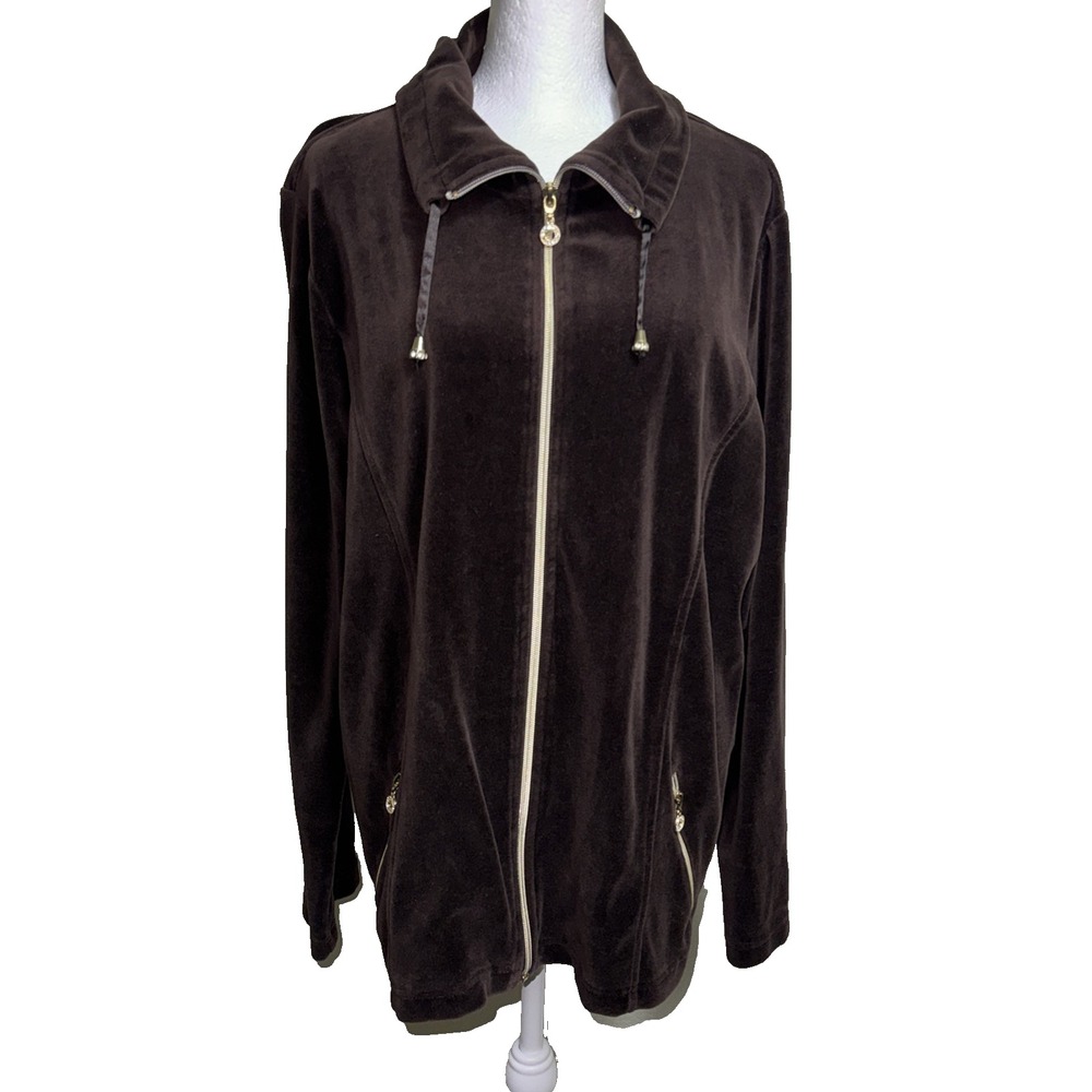 Chicos Velvet Track Jacket Women 16 Soft Brown Lounge Cozy Athleisure Zip Pocket